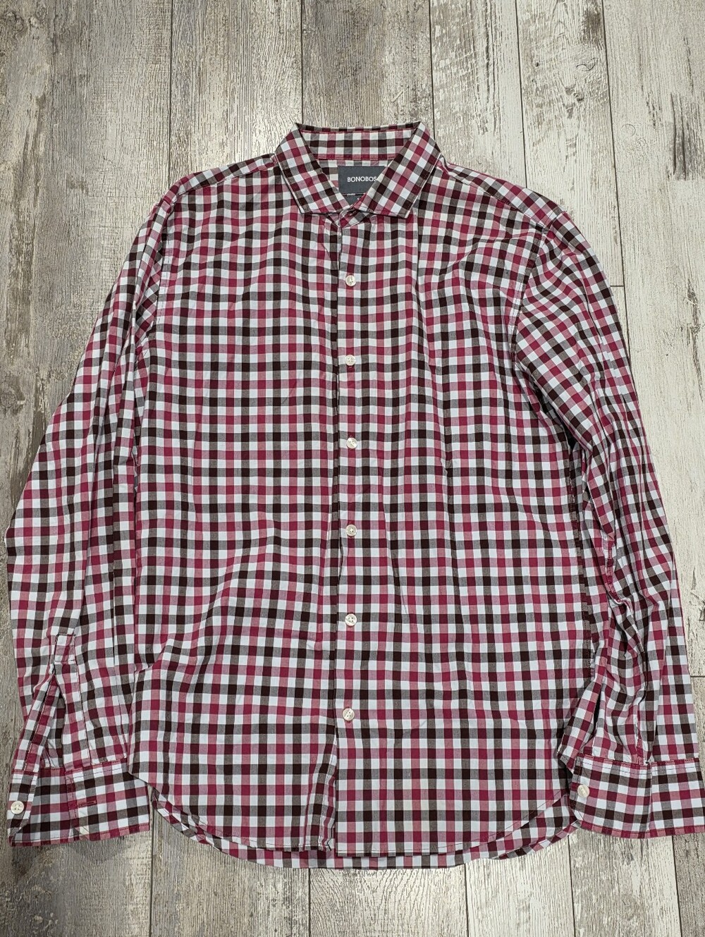 (M) Men's Bonobos Casual Button-Down Cotton Dress Shirt Red Plaid Slim Fit Mint